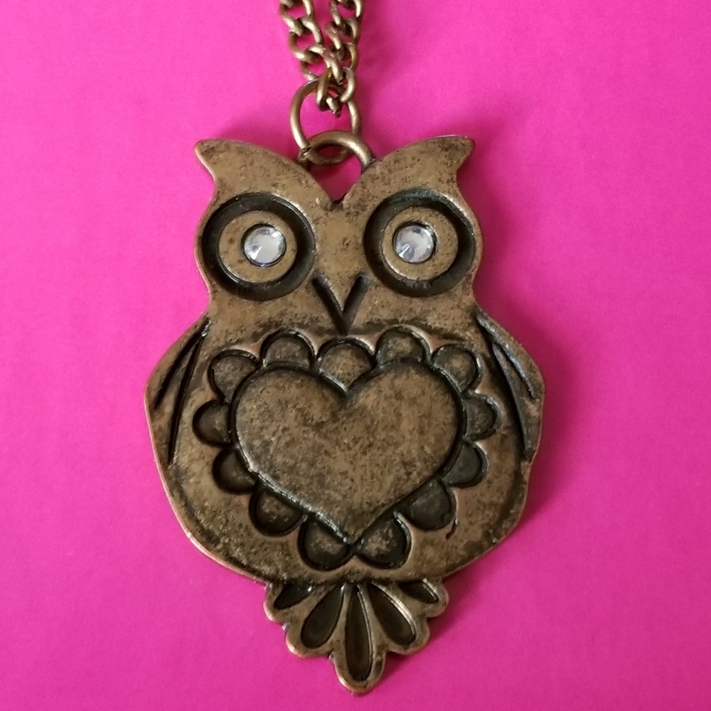 Owl necklace antiqued gold tone long chain heart bird
